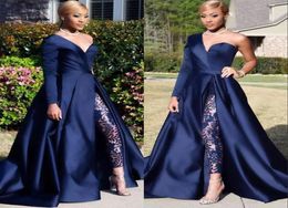 2020 New A Line Dark Navy Split Prom Party Gowns Jumpsuit Celebrity Dresses Elegant One Shoulder Long Sleeve Evening Dresses Pant 4133791