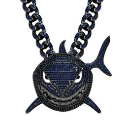 Cool Mens Hip Hop Necklace Gold Plated Ice Out Bling Blue CZ Shark Pendant with CZ Cuban Chain for Men Punk Jewellery Gift9531756