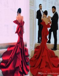 Fabulous Dark Red Prom Dresses Sexy Off the Shoulder Big Bow Backless Celebrity Party Gowns Dubai Satin Chapel Train Evening Dress4231189