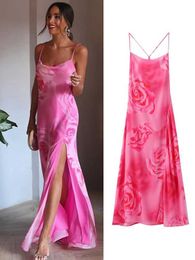 Basic Casual Dresses Elegant rose printed chiffon pendant long dress for womens summer sexy backless long sleeved womens fashionable holiday party dres J240531