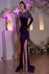 Charming Long Sleeve Purple Velvet Evening Dress Sexy Side Split Mermaid Prom Gown for Formal Occasions Custom Made8712767