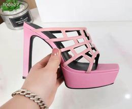 Classic Designer Women039s High Heel Sandals Sexy Hollow Black Pink Leather Fashion Summer Dress Thick Bottom Slide Shoes 35421878849