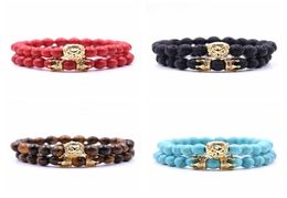 2PcSet Animal King Lion Head Red Turquoise Bangle Natural Stone Crown Couple Bracelet Sets For Men Hand Jewellery Accessories Men W9693927