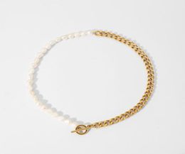 Chains Casual Cuban Chain Freshwater Pearl Necklace OT Buckle Stainless Steel Half Connected64660758624481