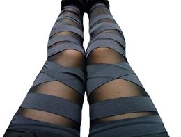 Fashion Bandage Leggings Mesh Womens Leggins 2018 Sexy Legging Slim Black Punk Rock Elastic Femme Pants5061540