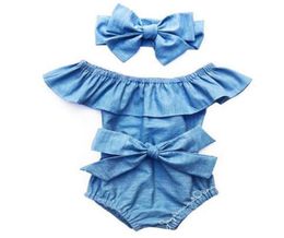 kids designer clothes girls ruffle collar romper infant toddler Bow Denim Jumpsuits 2019 Summer Boutique baby Climbing Clothing C66393531