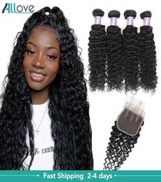 Allove Water Malaysian Body Straight Human Hair Bundles Wefts with Lace Closure Brazilian Indian Curly Extensions Deep Loose for W3387519