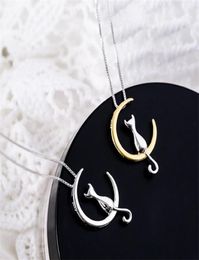Fashion Cute Animal Cat Moon Pendant Necklace Lucky Kitten Pet Jewellery For Women Gift Charm Silver Colour Box Chain Necklace2641431