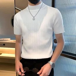 Men's T Shirts Men Summer T-shirt Half-high Collar Short Sleeve Solid Colour Elastic Thin Ice Silk Knitted Formal Business Pullover Top