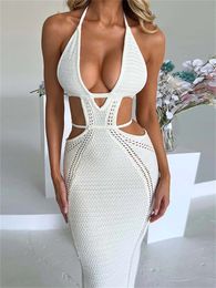 Wsevypo womens camisole lace up knitted crochet beach dress sexy backless long sleeved deep V-cut waist wrapped body dress club uniform 240515