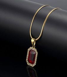 Red Lab Ruby Rectangle GEM Pendant Bling Simulated Diamonds Ruby Jewelry 18K Yellow Gold Plated Necklace Bone chain1301855