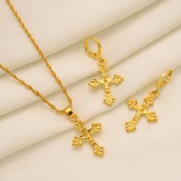 Necklace Traditiona INRI Cross Pendant Earrings Necklace Fine Solid Gold Wing Sword Eritrea Women's Jewelry Set Habesha Wedding Party