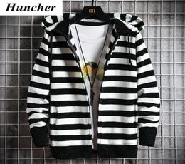 Huncher Mens Hooded Cardigan Sweater Men Coats 2020 Autumn Korean Slim Striped Knitted Cardigans Male Cold Blouse Sweaters5534006