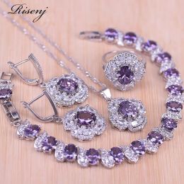 Sets Wedding Jewellery Sets Risenj Silver Colour Purple CZ&Crystal Costume Bridal Set For Women Ring Necklace Earrings Bracelet