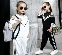 Fashion Big Girls Sports Suits Off Shoulder Black and White Clothing Set for Teenage Autumn Tracksuit Kids Plus Size Sportswear9307282