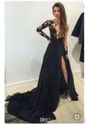 2019 New Sexy black Long Sleeves Formal Evening Dress Slim Fit Side Split Prom Party Gowns Train Length Custom Made Elegant prom d2936285