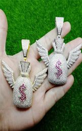 Hip Hop Iced Out Zircon Dollar Symbol Purse Wing Pendant Necklace Gold Silver Bling Chains Jewelry Men5737078