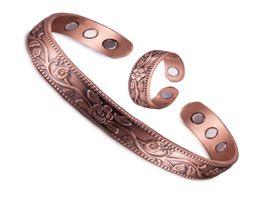 Magnetic Pure Copper JewelrySet Adjustable Bracelet Ring Vintage Flower Health Energy Arthritis Jewelry Set for Women Men 2107202764156