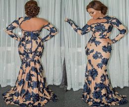 Fashion Long Sleeves Mermaid Evening Dresses Halter Neck Beaded Prom Gowns Appliqued Plus Size Floor Length African Formal Dress3756877