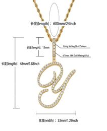 AZ Cursive Letters Name Necklace Iced Out Cubic Zircon Initial Letter Pendant Charm INS Fashion Hip Hop Statement Jewelry for Men1698296