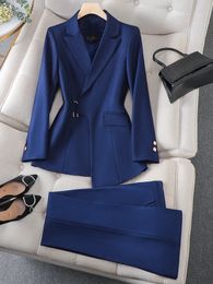 Brown Navy Black Ladies Formal Pant Suit Women Jacket And Trouser Female Business Work Wear 2 Piece Blazer Set For Autumn Winter 240524