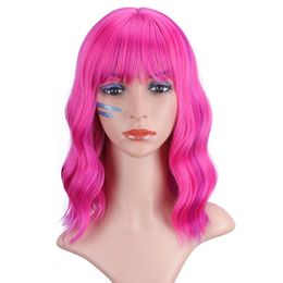 Synthetic Wigs Full Mechanism Curly Hair Products Festival Hot Pink Colour Fibre 14inch Bob Wigs Bvamk