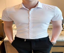 Summer Man White Dress Shirt Male Black Social Shirt Men Pink Short Sleeve Casual Button Up Slim Fit Chemise Homme AA2275968