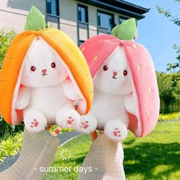 25cm Cosplay Strawberry Carrot Rabbit Plush Toy Stuffed Creative Bag into Fruit Transform Baby Cuddly Bunny Plushie Doll For Kid 240524