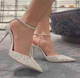 Super Bling New Rhinestone Baotou Word Buckle Sandals Women039s Stiletto Shallow Mouth Sexy Pointed High Heeled Wedding Shoes 22541390