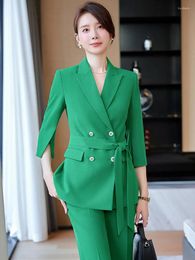 Women's Two Piece Pants Temperament Suit Green Blazer Pantsuit Three-Quarter Jacket With Belt Casual Spring Summer Clothing 2PCS