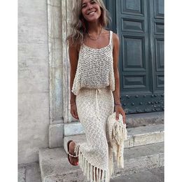 2023 Coverups Knitted Sexy See Through Mesh Beach Cover Summer Camisole Blouse Tassel Long Skirt Twopiece Set Hollow Out Dress 240517