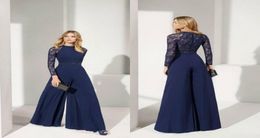 Elegant Navy Jumpsuits Evening Dresses 2020 Jewel Long Sleeves Lace Chiffon Evening Gowns Floor Length A Line Mother Of The Bride 3326112
