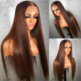 200density Full Brown Color 13x4 HD Lace Front Human Hair Wigs Straight Lace Frontal Wig Synthetic For Women Pre Plucked7075110