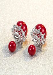 S925 Sterling Silver Stud Earrings Luxury Pearl Lace Crystal Double Side OL Love Designer Ear Rings Earring Earing Jewelry5056525