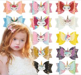 Kids Girls Cartoon Unicorn Glitter Hairpins PU Leather Bow Knot Hairgrips Hairbow Hair Clips Women Bowknot Barrettes Ponytail Hold1996300