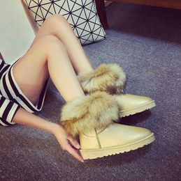 2021 Women Boots Suede Real Fox Fur Brand Winter Shoes Warm Black Round Toe Ankle Plus Size Female Snow Boots H09066631268