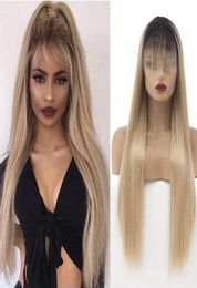Dark Roots Lace Front Wig With Bangs 133 Synthetic Lace Wigs For Women Mix Blonde Color Heat Resistant Synthetic Hair Blonde Wig3768829