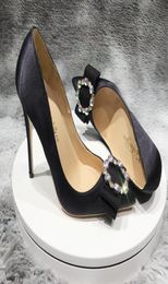 Real po Fashion Women black satin Leather crystal bow strass Pumps for Wedding Pointed Orange Sexy High Heels Shoes 12cm stilet8801327