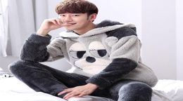 Men coral fleece hooded pajamas set with cute monkey face print unisex lovers home clothes winter thick women sleepwear suits5627052