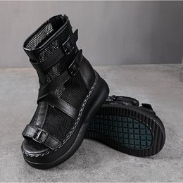 Women Mesh Breathable Boots Vintage Cowhide Flat Women Sandals Summer Ankle Boots Strap Punk Leather Platform Shoes 1A28