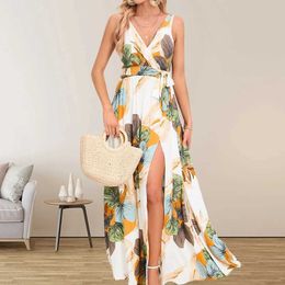 Basic Casual Dresses European and American womens 2024 summer new double V-neck sleeveless split style printed womens long belt dress J240531