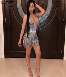 Bonnie Forest Sexy Silver Bling Sequins Tassel Bodycon Dress Women Bandage Mesh V Neck Backless Fringed Party Birthday Outfits8664774