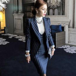 Women's Suits Blazers Work Striped Office Lady Dress Suits 2 Two Piece Sets 2024 | Elegant Women Blazer Jacket + Fashion Sheath Dresses Femmenjt5