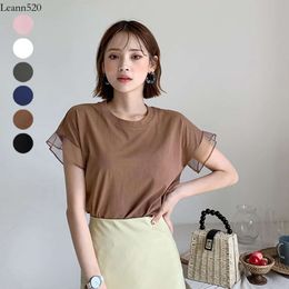 6 color Korean 2021 summer ruffle edge short sleeved pure cotton T-shirt women's mesh patchwork top