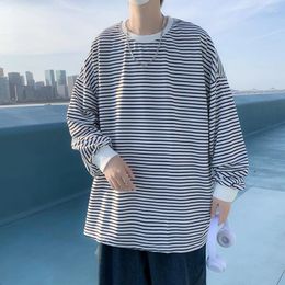 Men's T Shirts Striped Print Long Sleeve O Neck Men Fashion Casual Harajuku Teenagers Oversized Autumn Inside Clothing Tops Black Grey