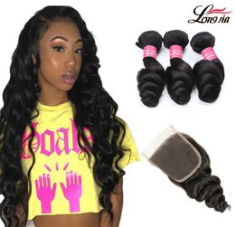 Peruvian Human hair Loose Wave Bundles With 4X4 Closure 34 Bundles Peruvian Hair Weave 8a Unprocessed Human Hair Bundles With Clo1754451