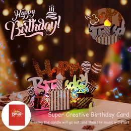 Creative Happy Birthday Greeting Card for Husband Kid Wife Light Music 3D Birthday Cake Pop-Up Blowing Candle Birthday Card 240530