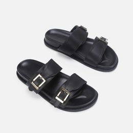 genuine leather summer one line with slippers double belt buckle flat bottomed open toe casual and comfortable thick soled Korean beach shoes for women