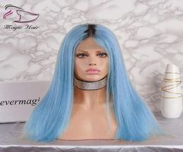 Ombre Light Blue Glueless Full Lace Human Hair Wigs with Baby Hair Pre Plucked 130 Density Brazilian Virgin Hair Lace Front Wigs5591542