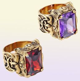 Square White Green Purple Red Stone Mens Ring Punk Vintage Gold Titanium Stainless Steel Dragon Claws Cubic Zirconia Ring for Men 3378387